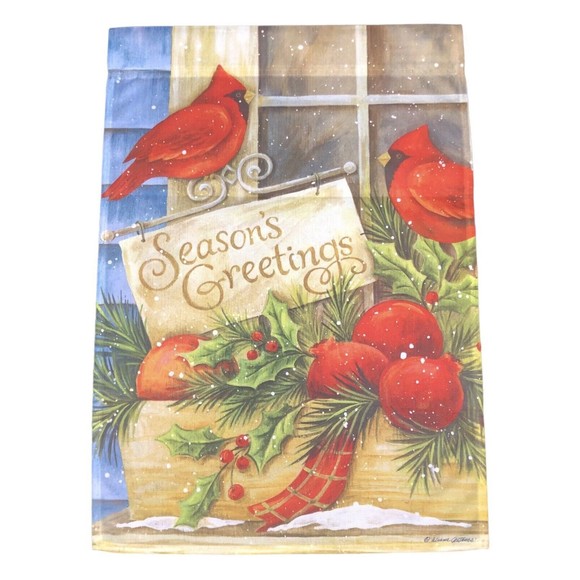SEASON'S GREETINGS CHRISTMAS GARDEN FLAG SUEDE 12.5" x 18" CARDINAL - Picture 1 of 9